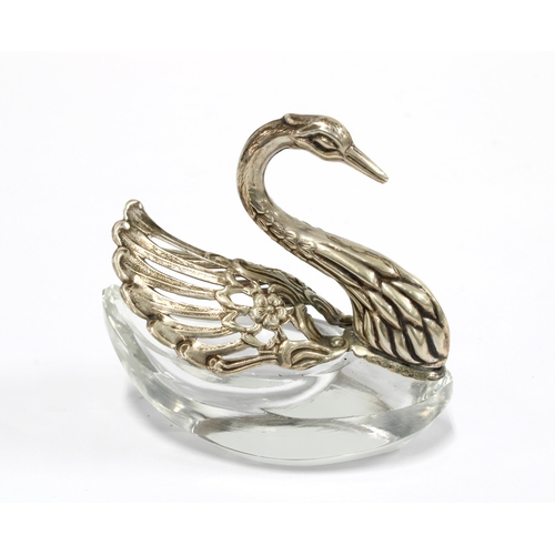 23 - A silver mounted glass swan, stamped 800, 7cm high