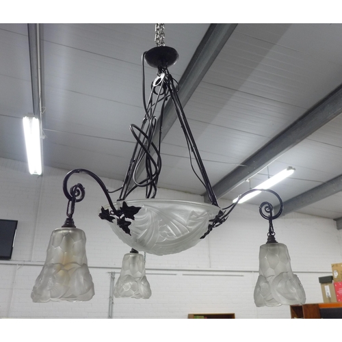 297 - French moulded glass light fitting, signed Negra, 63 x 82cm.