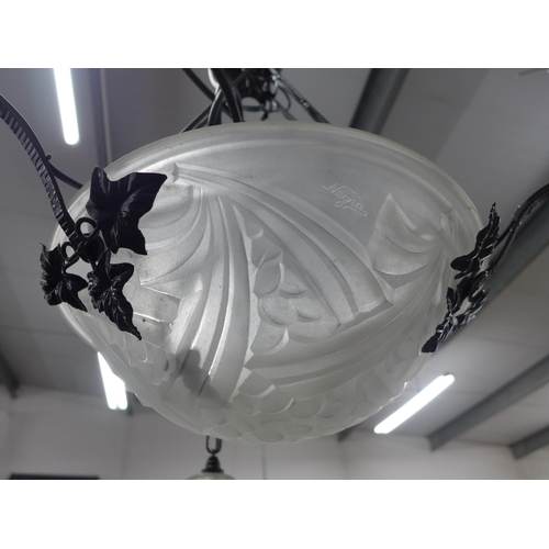 297 - French moulded glass light fitting, signed Negra, 63 x 82cm.