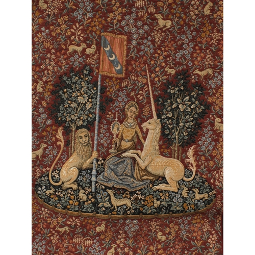 337 - The Lady With the Unicorn, a Belgian tapestry together with another and one smaller, largest 84 x 64... 