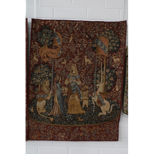 337 - The Lady With the Unicorn, a Belgian tapestry together with another and one smaller, largest 84 x 64... 