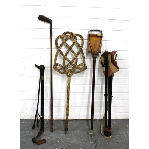 346 - Shooting stick, hickory shaft golf club, carpet beater, etc  (5)