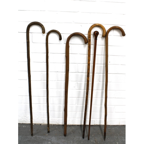 347 - Walking cane with inlaid handle and five walking sticks (6)