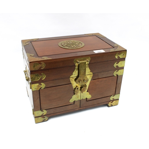 355 - Chinoiserie hardwood and brass mounted jewellery casket / box (one foot lacking) 36 x 26 x 23cm.