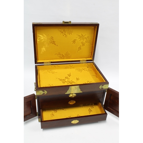 355 - Chinoiserie hardwood and brass mounted jewellery casket / box (one foot lacking) 36 x 26 x 23cm.