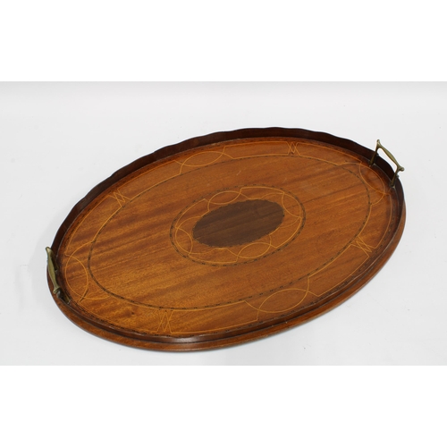 363 - Inlaid mahogany tray, oval with brass handles, 64cm long