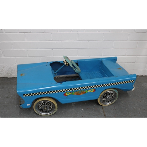 367 - Vintage Tri-Ang Comet pedal car with decals, steering wheel with losses, approx 87cm long