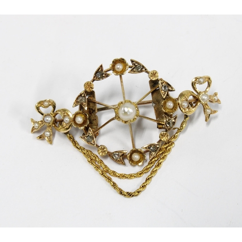 47 - Late 19th / early 20th century diamond and pearl brooch set in unmarked yellow metal, 5cm wide