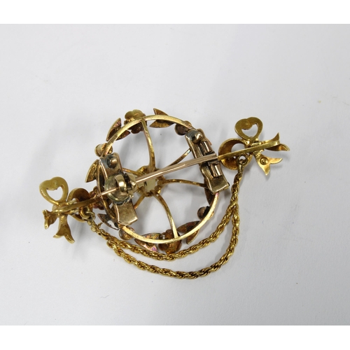 47 - Late 19th / early 20th century diamond and pearl brooch set in unmarked yellow metal, 5cm wide