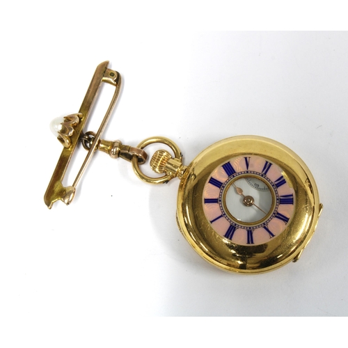 50 - Lady's 18ct gold half hunter fob watch, the cover with a pink enamel chapter ring with blue roman nu... 