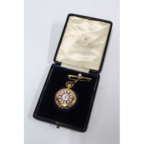 50 - Lady's 18ct gold half hunter fob watch, the cover with a pink enamel chapter ring with blue roman nu... 