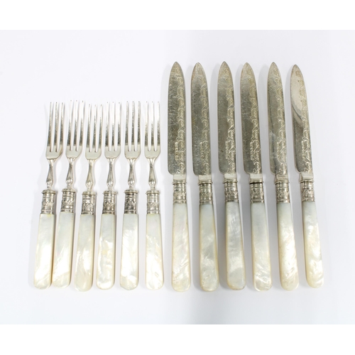 55F - Set of six mother of pearl handled and Epns fruit knives and forks (12)