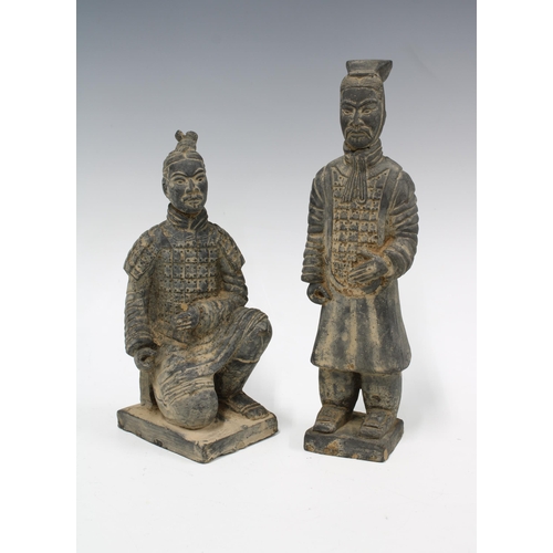 63 - Two Terracotta Army figures, one modelled standing the other kneeling, (2) 28cm high.