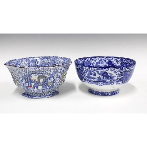 65 - George Jones, Abbey pattern blue and white bowl and an Adams pedestal bowl (2) 23cm.