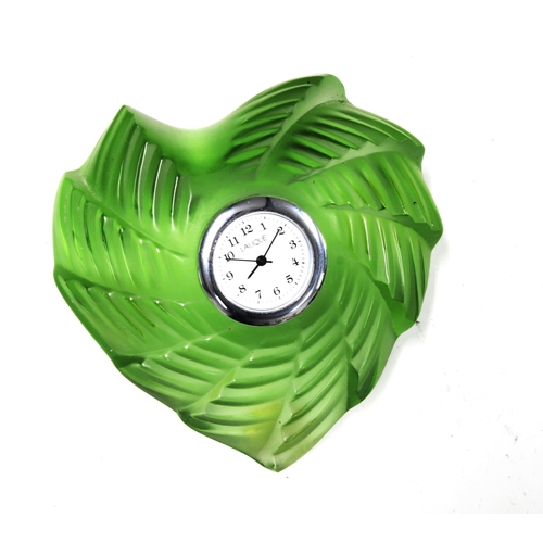 81 - Lalique green frosted glass clock, ribbed heart shape with a Quartz movement, 8cm.