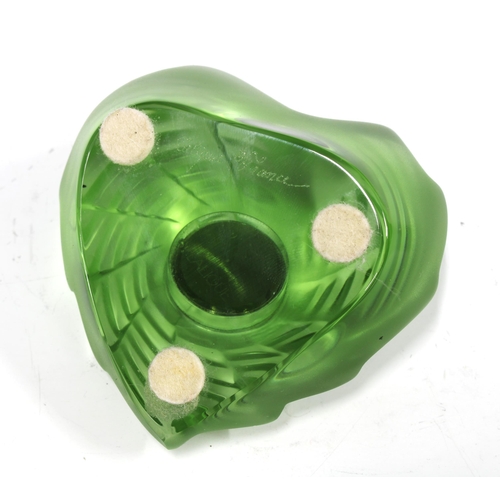 81 - Lalique green frosted glass clock, ribbed heart shape with a Quartz movement, 8cm.