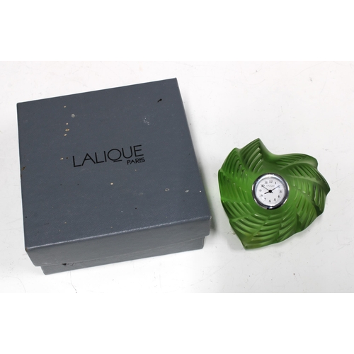 81 - Lalique green frosted glass clock, ribbed heart shape with a Quartz movement, 8cm.