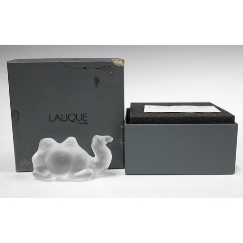 82 - Lalique frosted glass model of a Camel, signed, with box, 10 x 6cm.