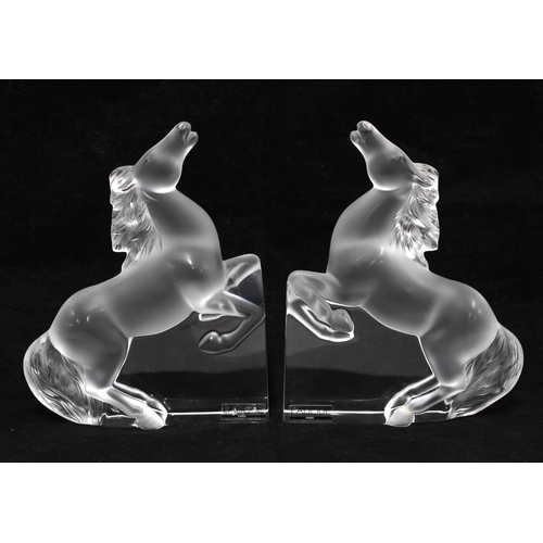 83 - Lalique, a pair of frosted glass Kazak rearing horse bookends, signed  17 x 21cm. (2)