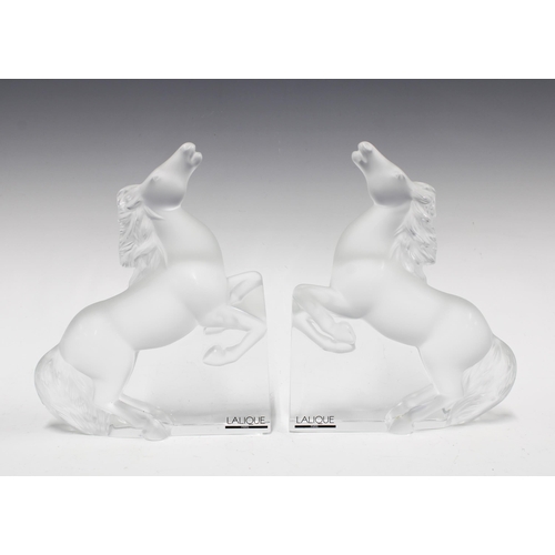 83 - Lalique, a pair of frosted glass Kazak rearing horse bookends, signed  17 x 21cm. (2)