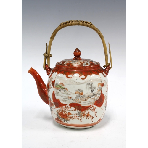 89 - Japanese Kutani teapot and cover and two small Chinese famille rose dishes, (3) 15 x 15cm.