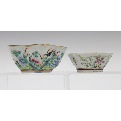 89 - Japanese Kutani teapot and cover and two small Chinese famille rose dishes, (3) 15 x 15cm.