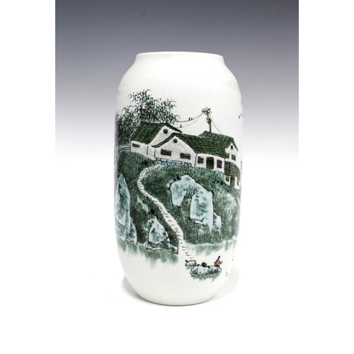 95 - Chinese landscape vase in the manner of Lai Dequan, the body with a textured pearlescent glaze and p... 