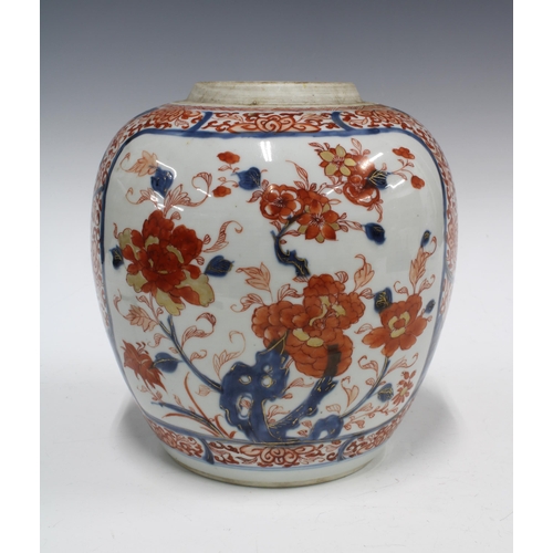 97 - Chinese Qing Dynasty Imari ginger jar, cover lacking, painted with flowering peony and chrysanthemum... 