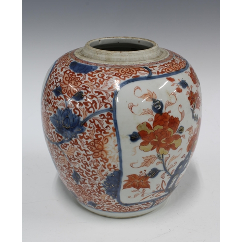 97 - Chinese Qing Dynasty Imari ginger jar, cover lacking, painted with flowering peony and chrysanthemum... 