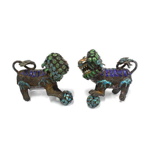 374 - A pair of cloisonné enamel Temple dog figures, 8cm long (2)