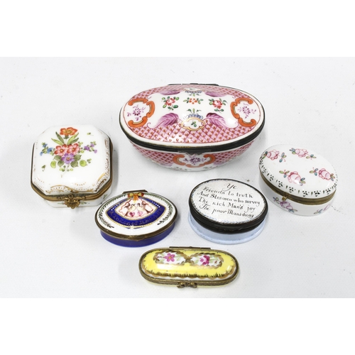 376 - A group of six porcelain and enamel patch and snuff boxes, largest 9cm long (6)