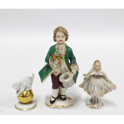 378 - Three German porcelain figures to include a Sitzendorf ballerina, Rosenthal cat and a Frankenthal fi... 