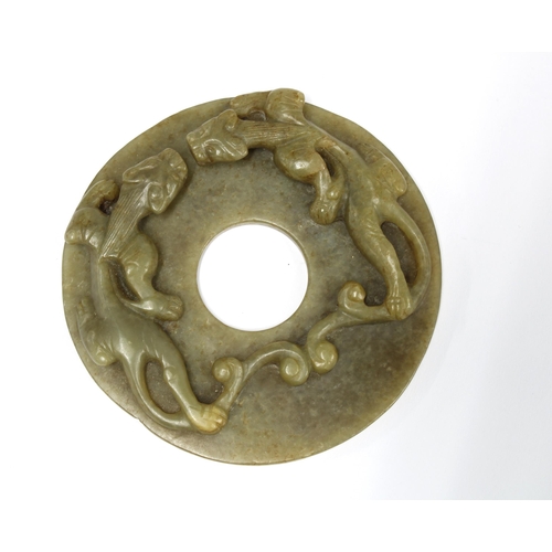 383 - Jade Bi disc with Chi Dragons, 8.5cm diameter