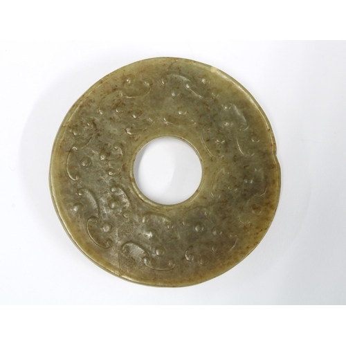 383 - Jade Bi disc with Chi Dragons, 8.5cm diameter