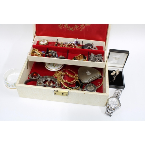 56A - A collection of vintage and later costume jewellery contained within a cream leather jewellery case ... 