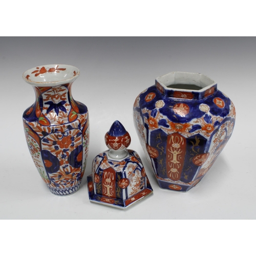 107 - An Imari vase and cover and another Imari vase, 37cm  (2)