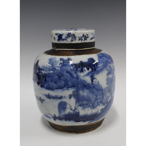 108 - Chinese blue and white jar and cover with landscape pattern and brown scratch rims, 27cm