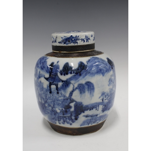 108 - Chinese blue and white jar and cover with landscape pattern and brown scratch rims, 27cm