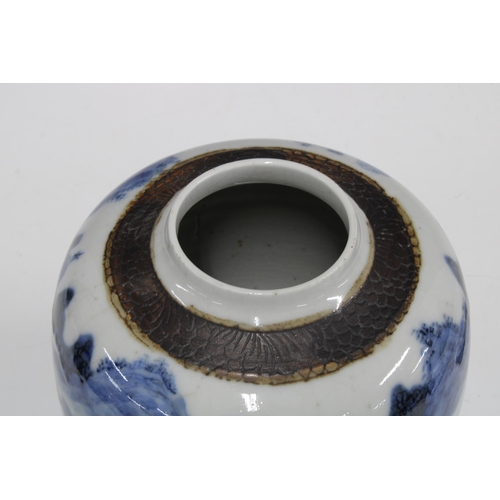 108 - Chinese blue and white jar and cover with landscape pattern and brown scratch rims, 27cm