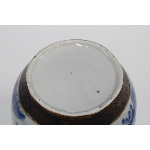 108 - Chinese blue and white jar and cover with landscape pattern and brown scratch rims, 27cm