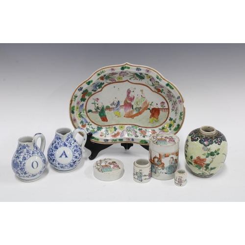 113 - Chinese famille verte dish, 30cm long and a  Chinese porcelain jar and cover, two small blue and whi... 