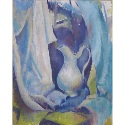 159 - Still Life oil on canvas of a jug, female nude verso, unsigned and framed, 55 x 68cm