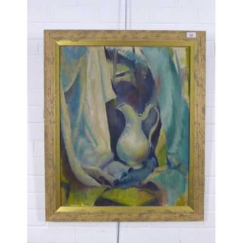 159 - Still Life oil on canvas of a jug, female nude verso, unsigned and framed, 55 x 68cm