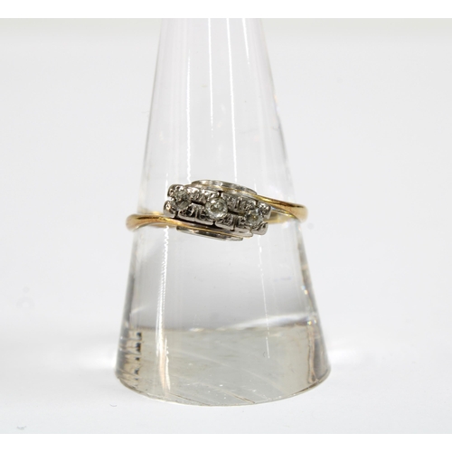 16 - Early 20th century three stone diamond ring, set in yellow metal, worn hallmarks to inner band, size... 
