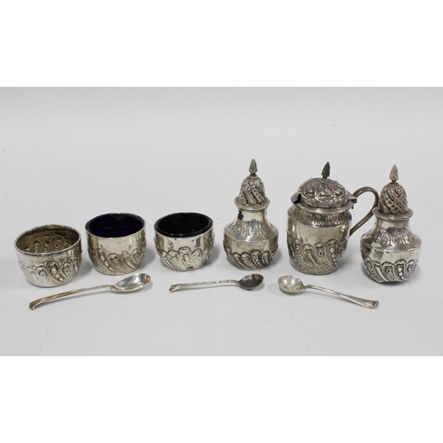 23 - Victorian six piece silver condiment set with mustard, three salts and two pepper pots, Birmingham 1... 
