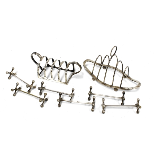 30 - Mappin & Webb silver toast rack, London 1984 together with a Birmingham silver toast rack and a set ... 