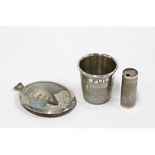 38 - 'Just a Thimble Full' novelty silver beaker, a small silver cylindrical box, perhaps for toothpicks ... 