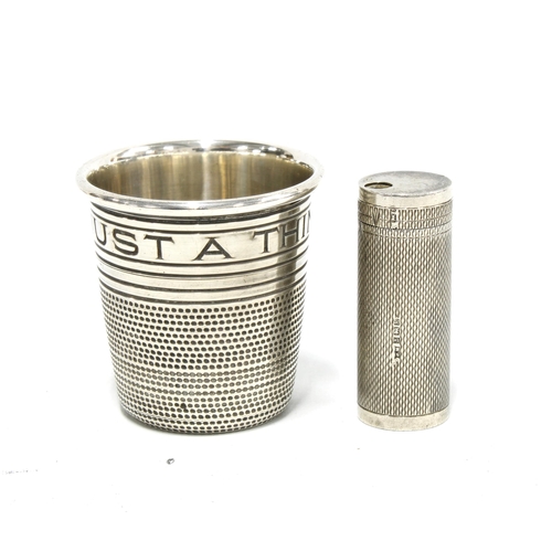 38 - 'Just a Thimble Full' novelty silver beaker, a small silver cylindrical box, perhaps for toothpicks ... 