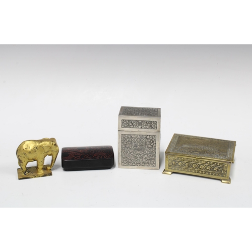 395 - White metal card box, 10cm, together with two other boxes and a gold painted metal elephant (4)