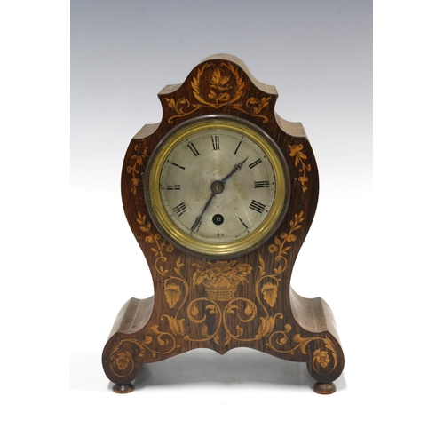 396 - Early 20th century marquetry mantel clock, silvered circular dial with Roman numerals,  23cm